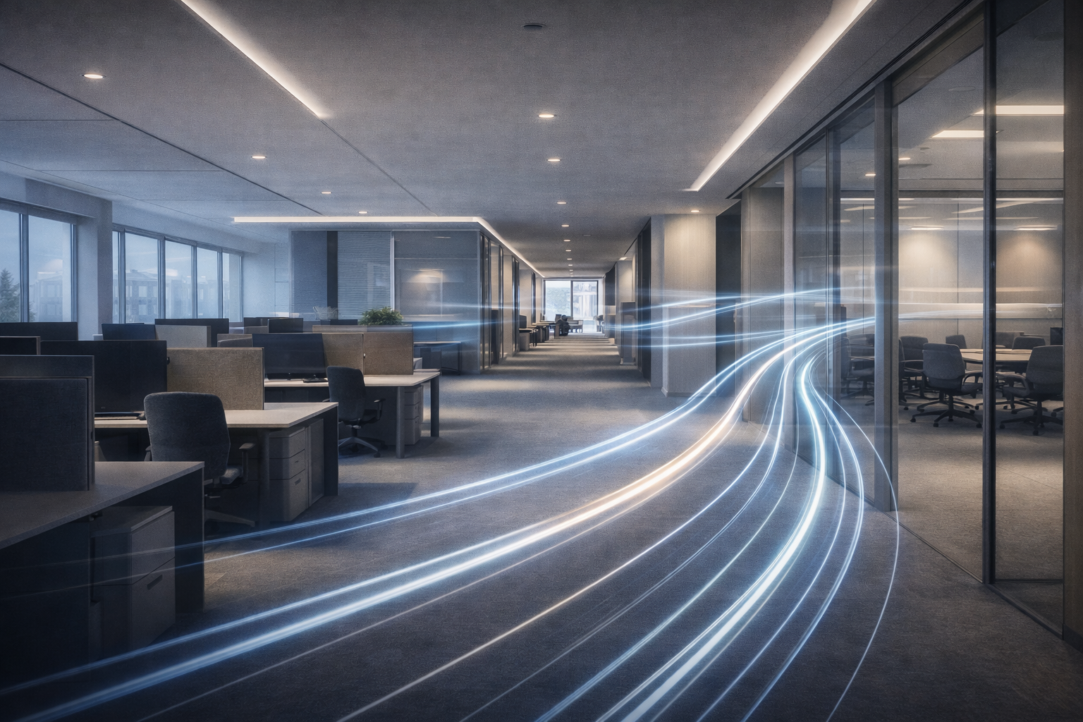 Modern corporate office interior with subtle system flows indicating context-aware IoT orchestration operating silently in the background.
